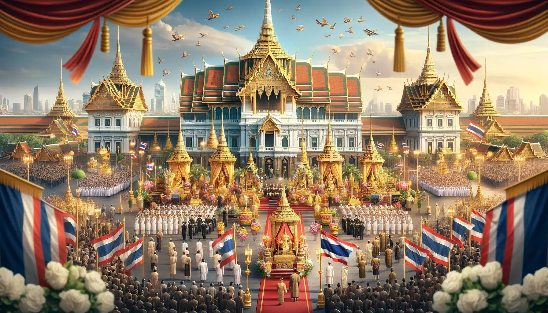 ภาพวาดแนวนอนเกี่ยวกับวันฉัตรมงคลในประเทศไทย มีพระบรมมหาราชวังในกรุงเทพมหานครประดับด้วยเครื่องประดับทองและธงชาติไทย ภายใต้ท้องฟ้าสีฟ้าสดใส ผู้คนในชุดไทยดั้งเดิมกำลังแสดงความเคารพและเฉลิมฉลอง ภาพนี้สะท้อนถึงความสำคัญทางประวัติศาสตร์และวัฒนธรรมของพระราชพิธีบรมราชาภิเษก บรรยากาศที่แสดงออกมามีความเป็นเทศกาลและเคารพในเวลาเดียวกัน