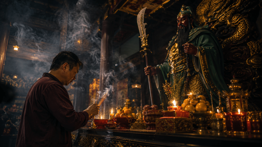 ชายคนหนึ่งกำลังสวดมนต์พร้อมธูปอยู่หน้าพระรูปเทพเจ้า กวนอู ขนาดใหญ่ในวัดที่ประดับด้วยแสงเทียน.