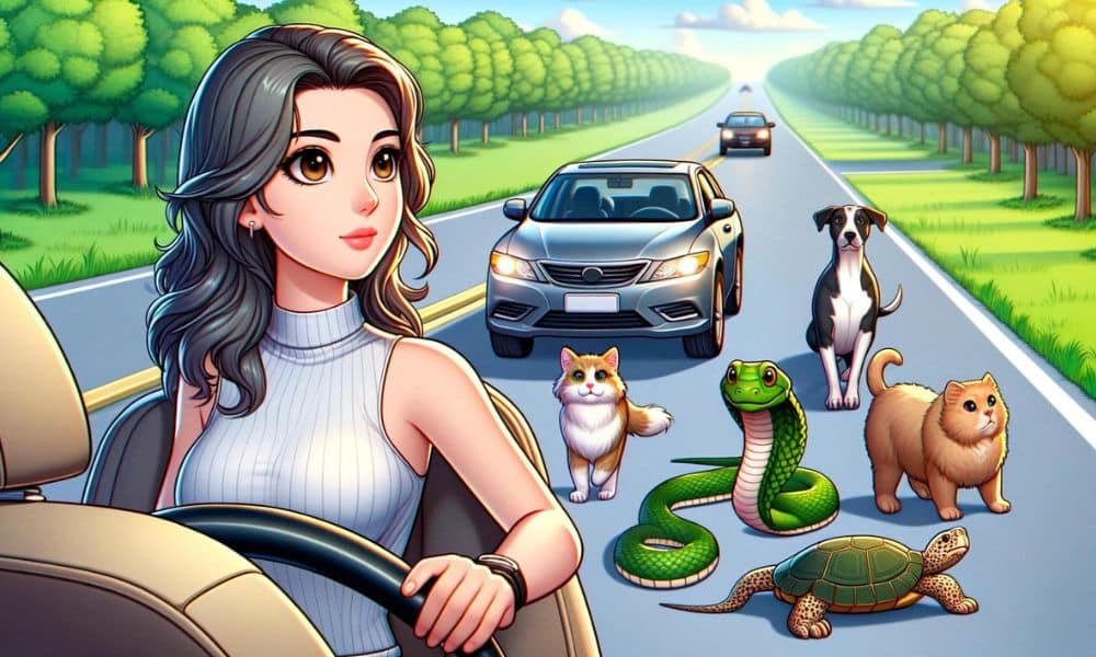 ภาพประกอบสไตล์การ์ตูนแสดงผู้หญิงขับรถบนถนนที่ล้อมรอบด้วยต้นไม้เขียวขจี มีสัตว์ต่างๆ เช่น งู, เต่า, แมว, และหมายืนอยู่บนถนนข้างหน้ารถ ซึ่งสะท้อนถึงสถานการณ์ที่สัตว์อาจตัดหน้ารถบนถนน