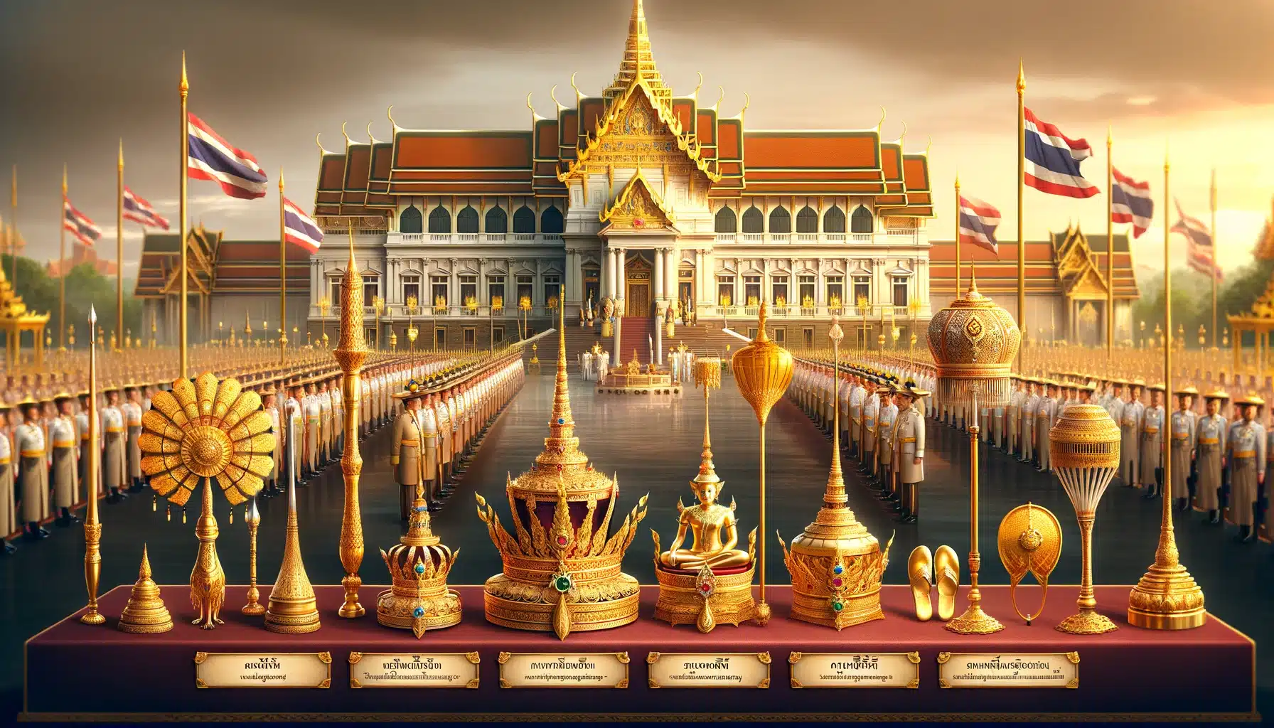 ภาพวาดแนวนอนแสดงเครื่องราชกกุธภัณฑ์ที่ใช้ในพระราชพิธีฉัตรมงคล ณ พระบรมมหาราชวัง มีพระบรมมหาราชวังประดับด้วยเครื่องประดับทองและธงชาติไทย ในเบื้องหน้ามีเครื่องราชกกุธภัณฑ์ทั้งห้า ได้แก่ พระมหาพิชัยมงกุฎ พระแสงขรรค์ชัยศรี ธารพระกร วาลวิชนี และฉลองพระบาทเชิงงอน มีคำบรรยายสั้น ๆ เป็นภาษาไทย ผู้คนในชุดไทยดั้งเดิมอยู่ในภาพเพื่อเน้นย้ำความสำคัญของพิธี