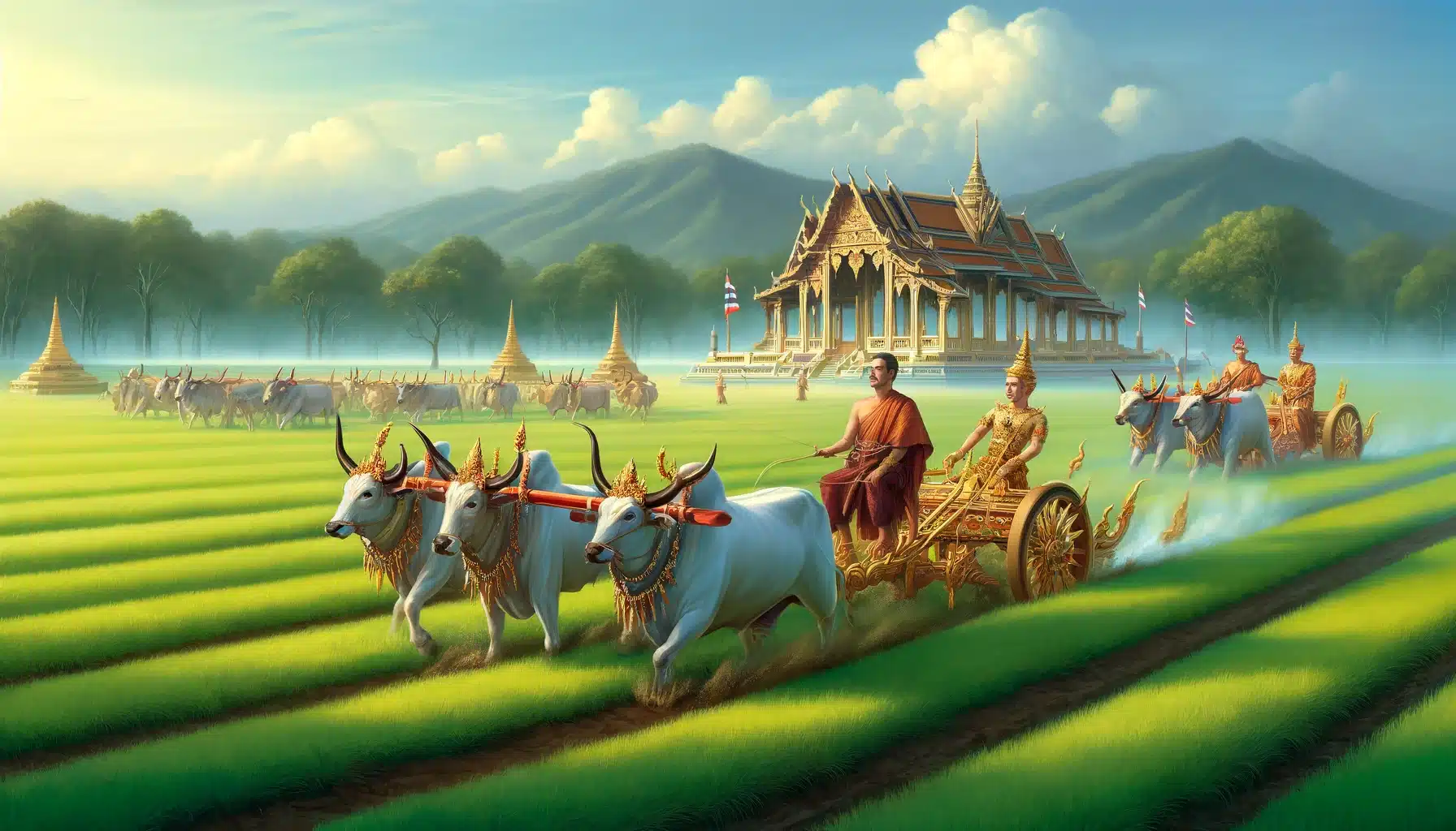 พระราชพิธีจรดพระนังคัลแรกนาขวัญในประเทศไทย เกษตรกรไทยสวมชุดไทยโบราณ โคตกแต่งด้วยผ้าและเครื่องประดับสวยงาม และพระมหากษัตริย์ทรงประกอบพิธีไถนา พื้นหลังเป็นทุ่งนาเขียวขจีใต้ท้องฟ้าสีครามสดใส มีศาลาราชวังอยู่ไกลๆ บรรยากาศแสดงถึงความมั่งคั่งทางวัฒนธรรมและความสำคัญของพิธีนี้ที่มีต่อเกษตรกรไทย
