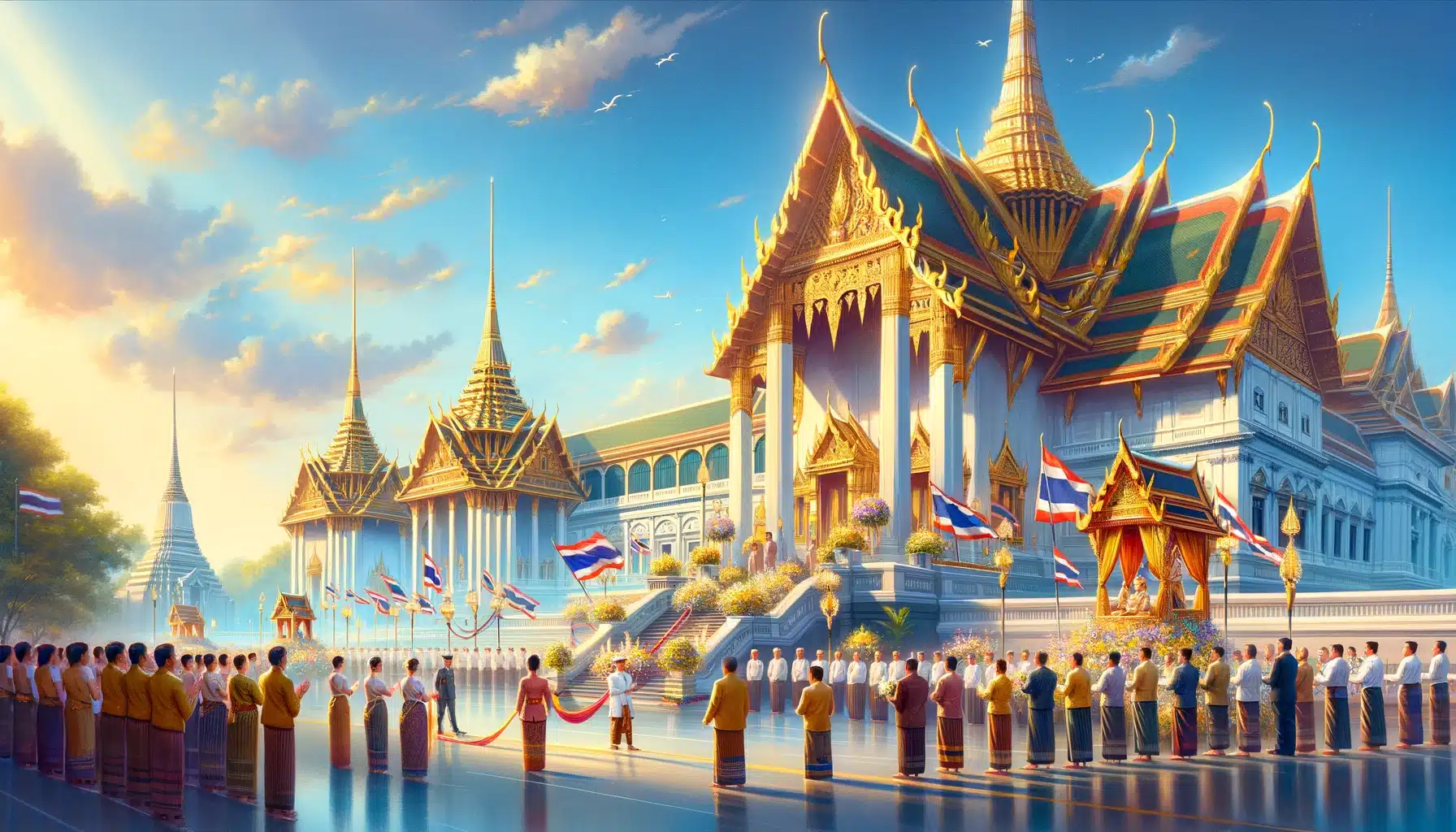 ภาพวาดเกี่ยวกับวันฉัตรมงคลในประเทศไทย มีพระบรมมหาราชวังในกรุงเทพมหานครประดับด้วยเครื่องประดับทองและธงชาติไทย ภายใต้ท้องฟ้าสีฟ้าสดใส ผู้คนในชุดไทยดั้งเดิมกำลังแสดงความเคารพและเฉลิมฉลองอย่างสง่างาม ภาพนี้แสดงถึงความยิ่งใหญ่และวัฒนธรรมดั้งเดิมของไทย