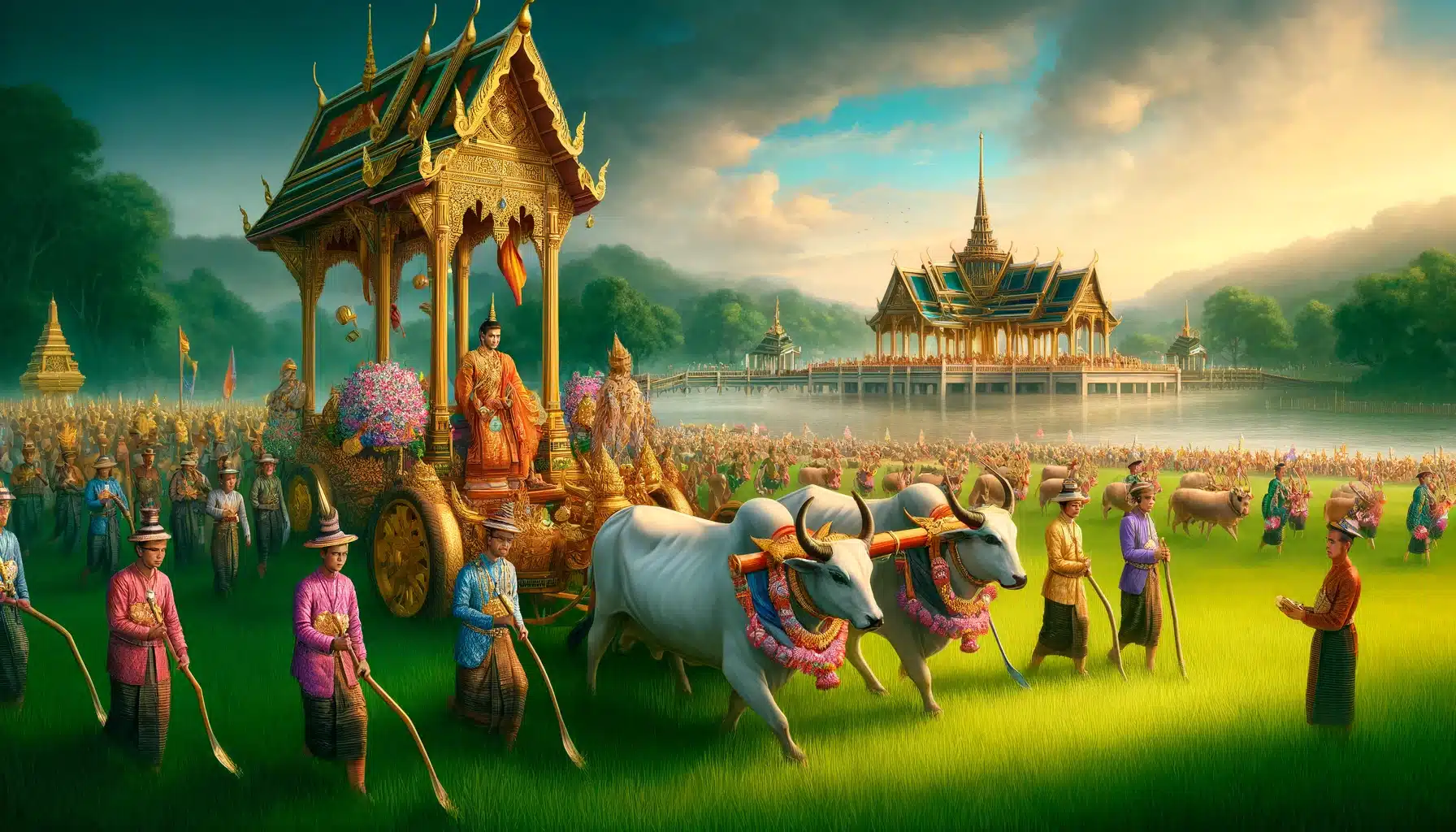 พระราชพิธีจรดพระนังคัลแรกนาขวัญในประเทศไทย เกษตรกรไทยสวมชุดไทยโบราณ โคตกแต่งด้วยผ้าสีสันสดใส และพระมหากษัตริย์ทรงประกอบพิธีไถนา พื้นหลังเป็นทุ่งนาเขียวขจีใต้ท้องฟ้าสีครามสดใส มีศาลาราชวังอยู่ไกลๆ บรรยากาศสดใสและเต็มไปด้วยวัฒนธรรมไทยที่เข้มข้น แสดงให้เห็นถึงความสำคัญของเกษตรกรรมในวัฒนธรรมไทย
