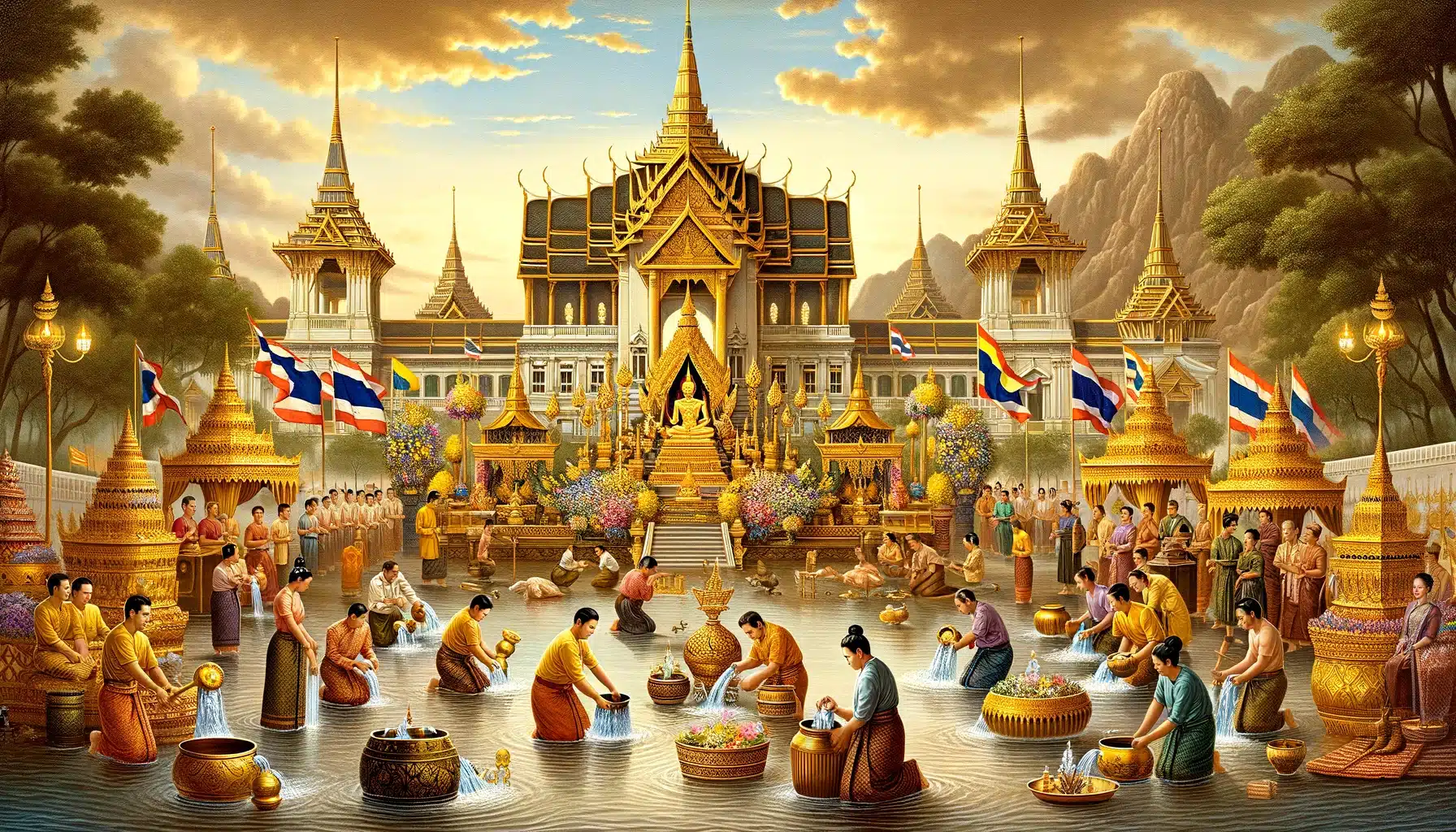 ภาพวาดแนวนอนแสดงการเตรียมงานพระราชพิธีฉัตรมงคล มีฉากเป็นพระบรมมหาราชวังประดับด้วยเครื่องประดับทองและธงชาติไทย ในเบื้องหน้าแสดงการเก็บน้ำจากแม่น้ำทั้ง 18 แห่งของไทย รวมถึงน้ำปัญจมหานทีจากแม่น้ำ 5 สาย ได้แก่ ยมนา อิรวดี มหิ สรภู และคงคา ผู้คนในชุดไทยดั้งเดิมกำลังเตรียมและประกอบพิธีต่างๆ เน้นความสำคัญทางวัฒนธรรมและความเคร่งขรึมของงาน