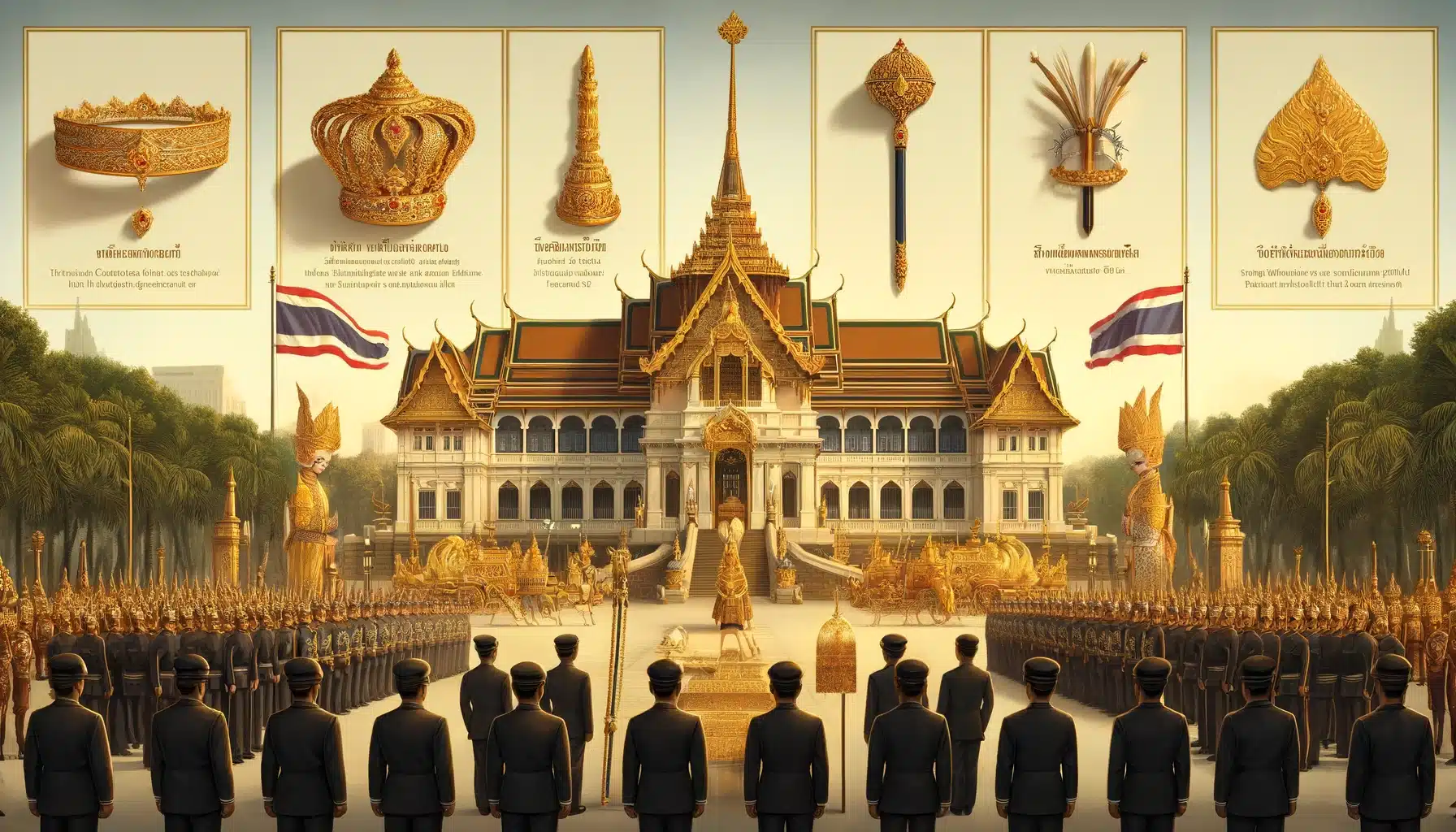 ภาพวาดแนวนอนแสดงเครื่องราชกกุธภัณฑ์ที่ใช้ในพระราชพิธีฉัตรมงคล ณ พระบรมมหาราชวัง มีพระบรมมหาราชวังประดับด้วยเครื่องประดับทองและธงชาติไทย ในภาพมีเครื่องราชกกุธภัณฑ์ทั้งห้า ได้แก่ พระมหาพิชัยมงกุฎ พระแสงขรรค์ชัยศรี ธารพระกร วาลวิชนี และฉลองพระบาทเชิงงอน มีคำบรรยายสั้น ๆ เป็นภาษาไทย แต่ละรายการอยู่ในเบื้องหน้า ผู้คนในชุดไทยดั้งเดิมอยู่ในภาพเพื่อเน้นย้ำความสำคัญของพิธี