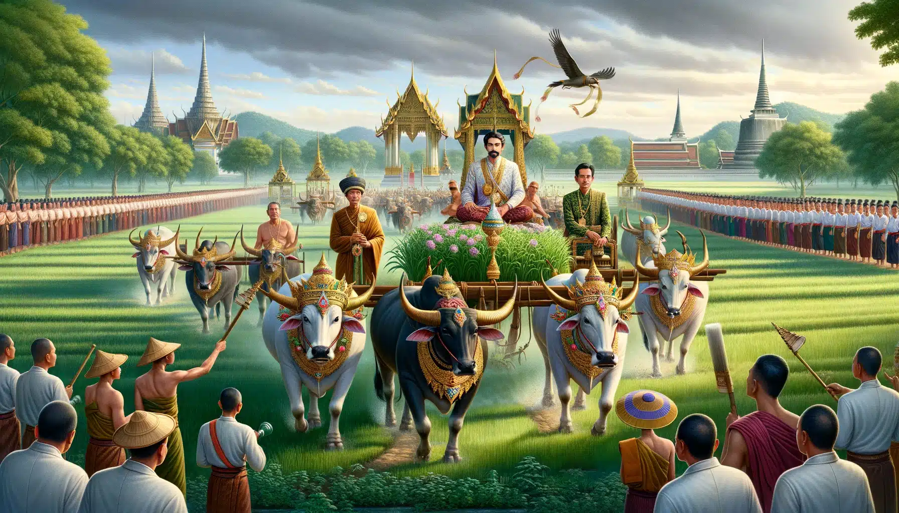 พระราชพิธีจรดพระนังคัลแรกนาขวัญในประเทศไทย พระมหากษัตริย์ทรงประกอบพิธีไถนาพร้อมโคตกแต่งอย่างงดงาม เกษตรกรไทยในชุดไทยโบราณล้อมรอบพิธี พระสงฆ์ร่วมสวดมนต์เป็นส่วนหนึ่งของพิธี พื้นหลังเป็นทุ่งนาเขียวขจีใต้ท้องฟ้าสีครามสดใส มีวัดโบราณในระยะไกล สะท้อนถึงประวัติศาสตร์ยาวนานของพิธีตั้งแต่สมัยสุโขทัยจนถึงยุครัตนโกสินทร์
