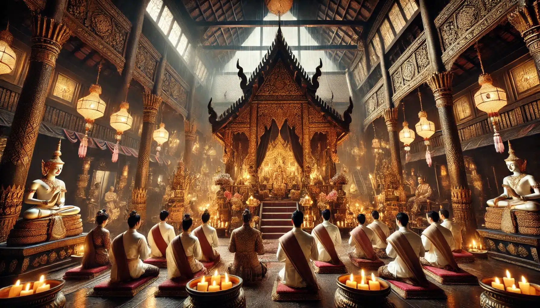 ภาพพิธีสวดภาณยักษ์ในวัดไทย ผู้คนในชุดไทยดั้งเดิมกำลังร่วมพิธี บรรยากาศเคร่งขรึมและศักดิ์สิทธิ์ รายล้อมด้วยสถาปัตยกรรมแบบไทยและแสงเทียนที่อบอุ่น สื่อถึงพลังของบทสวดอาฏานาฏิยสูตรที่ช่วยป้องกันอันตรายและเสริมสุขภาพ





