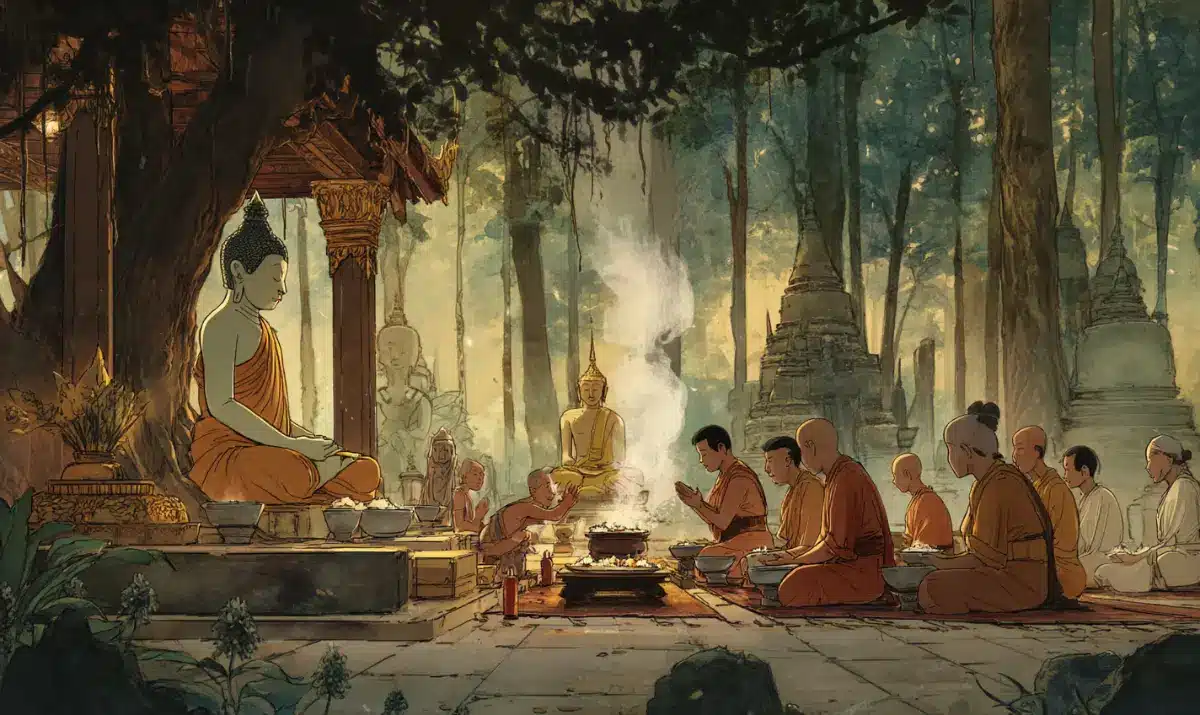 ภาพพระสงฆ์และฆราวาสร่วมประกอบพิธีถวายภัตตาหารแด่พระพุทธรูปกลางป่าโบราณ มีควันธูปลอยขึ้นอย่างสงบ แสดงถึงอานิสงส์ของการสร้างโรงทานที่ช่วยส่งเสริมศรัทธาและนำจิตใจเข้าสู่ธรรม
