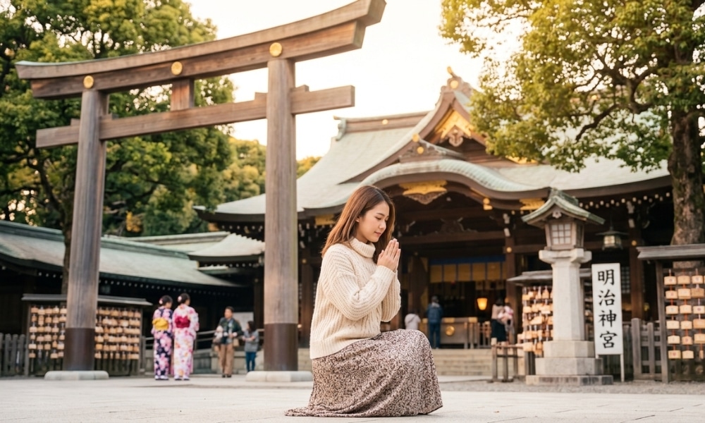 ผู้หญิงกำลังคุกเข่าและสวดมนต์อยู่หน้าศาลเจ้าชินโต สถานที่สักการะเทพเจ้าต่างประเทศ มีประตูโทริอิและนักท่องเที่ยวคนอื่น ๆ อยู่เบื้องหลัง.