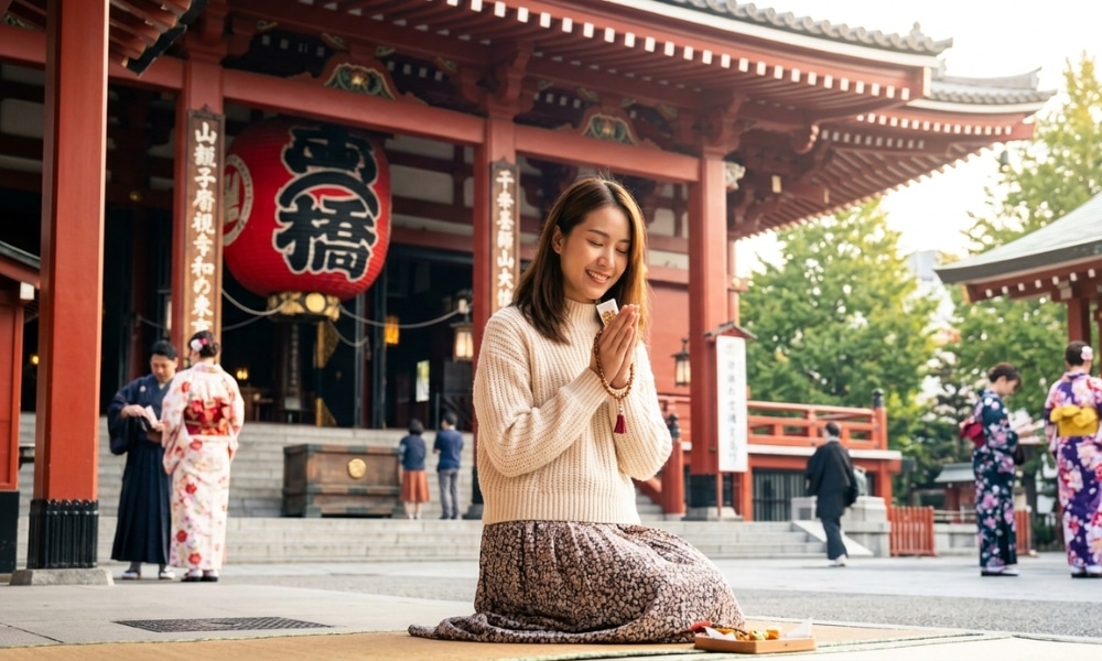 ผู้หญิงคนหนึ่งคุกเข่าและสวดมนต์ที่วัด สถานที่บูชาเทพเจ้าต่างประเทศ โดยมีผู้คนสวมกิโมโนและโคมไฟขนาดใหญ่เป็นฉากหลัง.