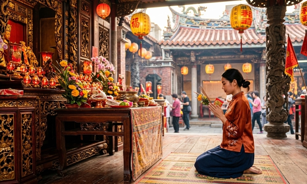 หญิงสาวกำลังคุกเข่าสวดมนต์ในวัดที่ประดับประดาอย่างวิจิตร หนึ่งในสถานที่สักการะเทพเจ้าต่างประเทศที่มีชื่อเสียง รายล้อมไปด้วยดอกไม้ เครื่องบูชา และโคมไฟที่ส่องแสงระยิบระยับ.