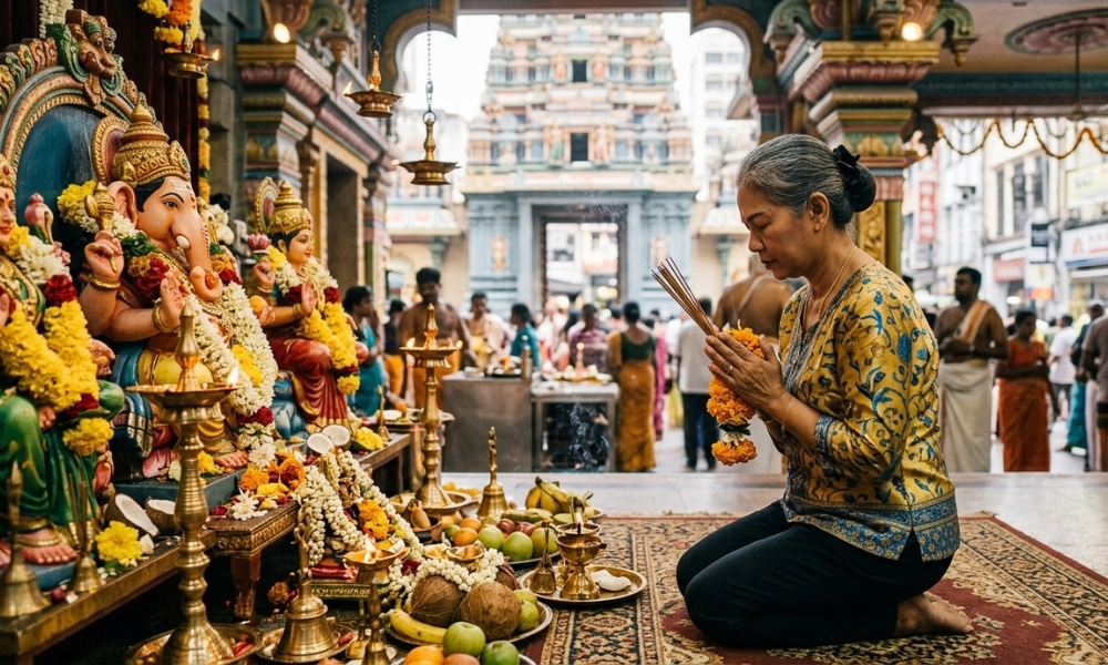 ผู้หญิงกำลังคุกเข่าและสวดมนต์พร้อมธูปที่วัดฮินดู สถานที่ศักดิ์สิทธิ์ที่มีชื่อเสียงสำหรับสักการะเทพเจ้าต่างประเทศ หันหน้าไปทางรูปปั้นของเทพเจ้าที่ประดับด้วยดอกไม้และเครื่องบูชา.