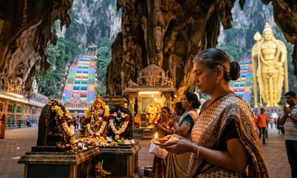 ผู้หญิงในชุดส่าหรีสวดมนต์ด้วยตะเกียงที่วัด ล้อมรอบด้วยบันไดสีสันสดใสและรูปปั้นทองคำขนาดใหญ่ ซึ่งเน้นให้เห็นสถานที่ศักดิ์สิทธิ์ของเทพเจ้าต่างประเทศแห่งนี้ที่ได้รับความเคารพบูชาจากผู้ศรัทธาจำนวนมาก.