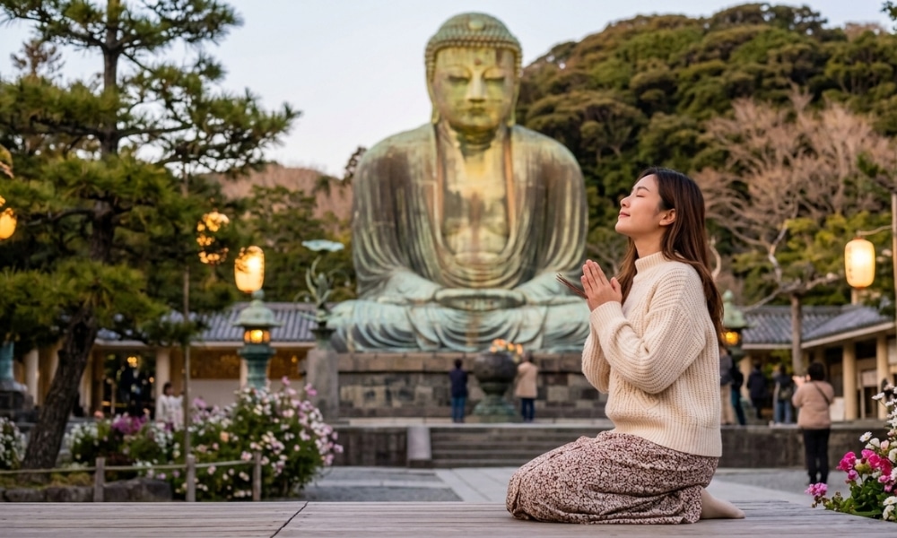 ผู้หญิงคนหนึ่งคุกเข่าสวดมนต์ต่อหน้าพระพุทธรูปขนาดใหญ่กลางแจ้งที่ล้อมรอบด้วยต้นไม้และดอกไม้ ณ สถานที่สักการะเทพเจ้าต่างประเทศที่มีชื่อเสียง.