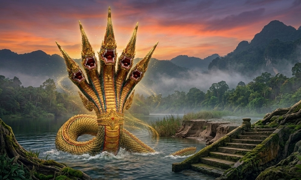 งูทองคำเจ็ดหัวผงาดขึ้นจากแม่น้ำใกล้บันไดหิน โดยมีภูเขาและพระอาทิตย์ตกเป็นฉากหลัง—เป็นภาพที่งดงามซึ่งผู้ศรัทธามักจะมาขอพรว่า ขอพรความรัก เทพองค์ไหนดี เพื่อขอพรด้านความรัก.