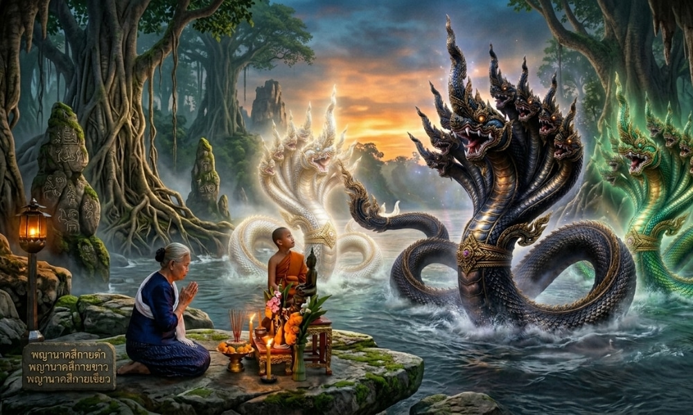 เมื่อพระอาทิตย์ตกดิน พระภิกษุและชายชราคนหนึ่งกำลังสวดมนต์ริมแม่น้ำ ขอพรความรักจากเทพองค์ใดดี—ขณะที่งูพญานาคในตำนานค่อยๆ โผล่ขึ้นมาจากผืนน้ำระยิบระยับ.