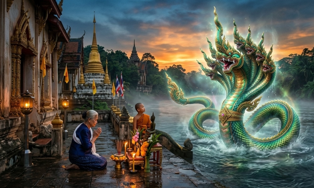 หญิงคนหนึ่งและพระภิกษุกำลังสวดมนต์อยู่ริมแม่น้ำ ขอพรความรัก ขณะที่งูที่มีแสงสว่างและหลายหัวโผล่ขึ้นมาจากน้ำในยามพระอาทิตย์ตกดิน.