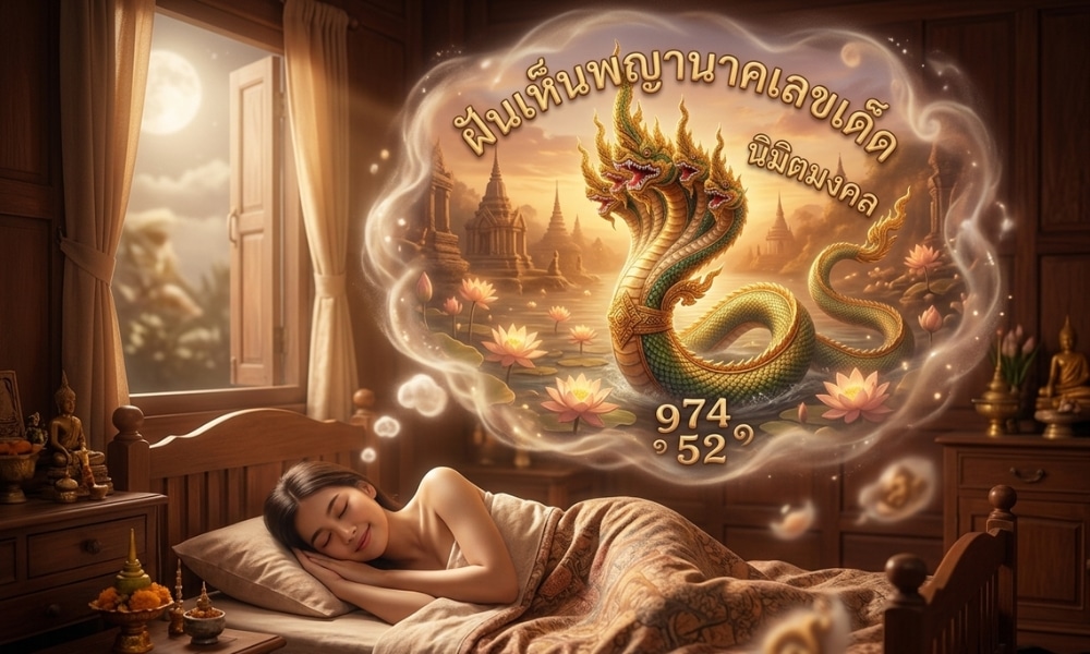 ผู้หญิงคนหนึ่งนอนหลับอย่างสงบ ฝันถึงนาคทองคำและข้อความภาษาไทยที่มีตัวเลข 974 และ 52 สงสัยว่า ขอพรความรัก ควรขอจากเทพองค์ใดดี.