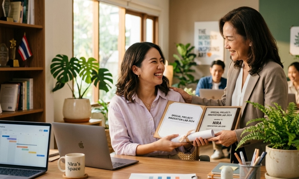 ผู้หญิงสองคนยิ้มและถือประกาศนียบัตรรางวัลในสำนักงาน โดยมีเพื่อนร่วมงานอยู่เบื้องหลัง กำลังเฉลิมฉลองความสำเร็จที่สะท้อนถึงพลังงานบวกของ ดวงการงาน 12 ราศี เดือนพฤษภาคม.