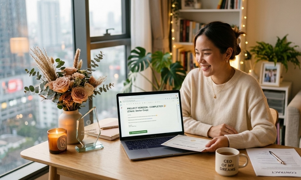 หญิงสาวที่ยิ้มแย้มทำงานอยู่ที่โต๊ะทำงานพร้อมแลปท็อป ดอกไม้ เอกสาร และแก้วกาแฟ ในห้องทำงานที่บ้านสว่างไสว ขณะที่เธอกำลังตรวจสอบ ดวงการงาน 12 ราศี เดือนพฤษภาคม เพื่อหาคำแนะนำเกี่ยวกับอาชีพ.