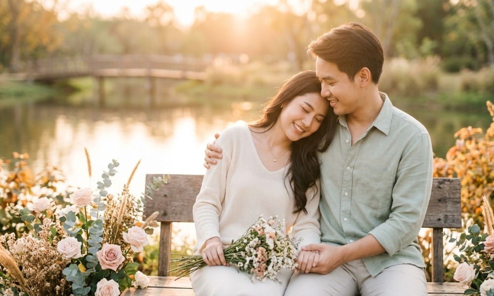 คู่รักนั่งอยู่บนม้านั่งริมทะเลสาบ ยิ้มให้กันพร้อมดอกไม้ ล้อมรอบด้วยธรรมชาติในยามพระอาทิตย์ตก—ถ่ายทอดบรรยากาศอันสงบสุขของ ดวงความรักพฤษภาคม.