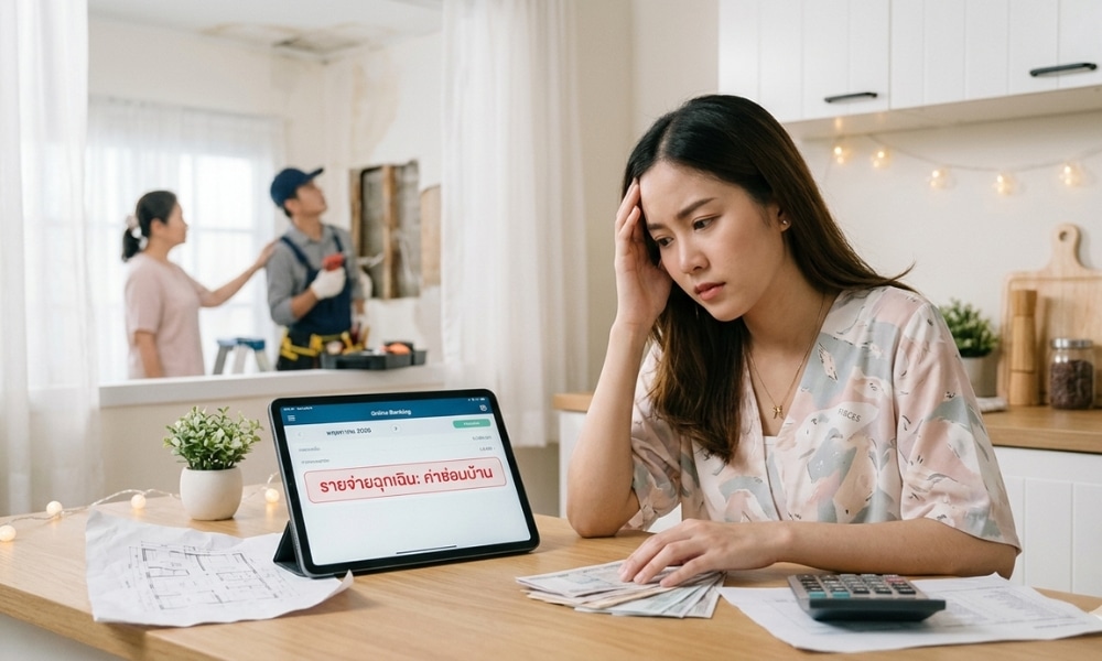 ผู้หญิงกังวลในครัว กำลังถือบิล เครื่องคิดเลข และแท็บเล็ต—อาจกำลังสงสัยว่า ดวงการเงิน พฤษภาคม ของเธอจะดีขึ้นหรือไม่—ขณะที่คนงานกำลังซ่อมแซมบางสิ่งอยู่เบื้องหลัง.