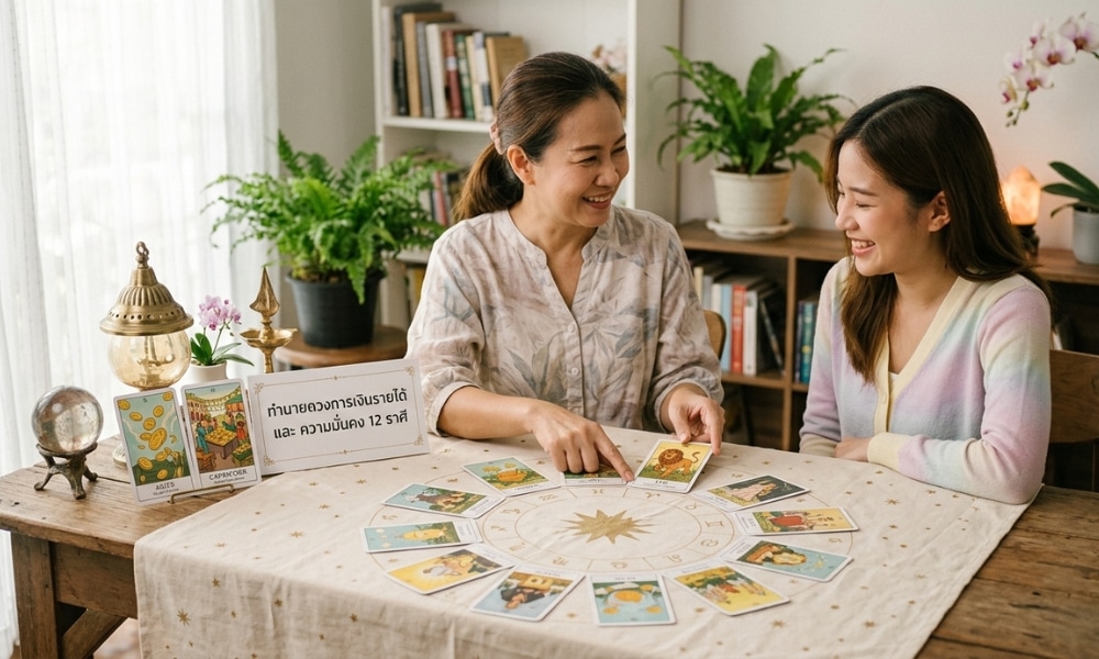ผู้หญิงสองคนกำลังยิ้มและอ่านไพ่ทาโรต์ที่โต๊ะซึ่งมีเสื่อราศีวางอยู่ กำลังพูดคุยเรื่องดวงการเงินเดือนพฤษภาคม โดยมีชั้นหนังสืออยู่ด้านหลัง.