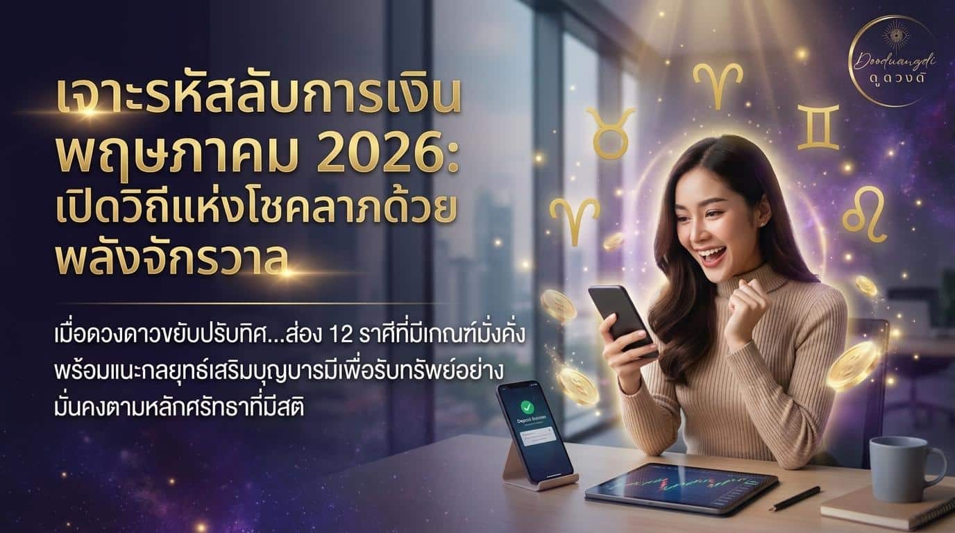 ผู้หญิงยิ้มถือสมาร์ทโฟน ล้อมรอบด้วยสัญลักษณ์ราศี พร้อมข้อความภาษาไทยเกี่ยวกับ ดวงการเงิน พฤษภาคม และดวงการเงินปี 2026.