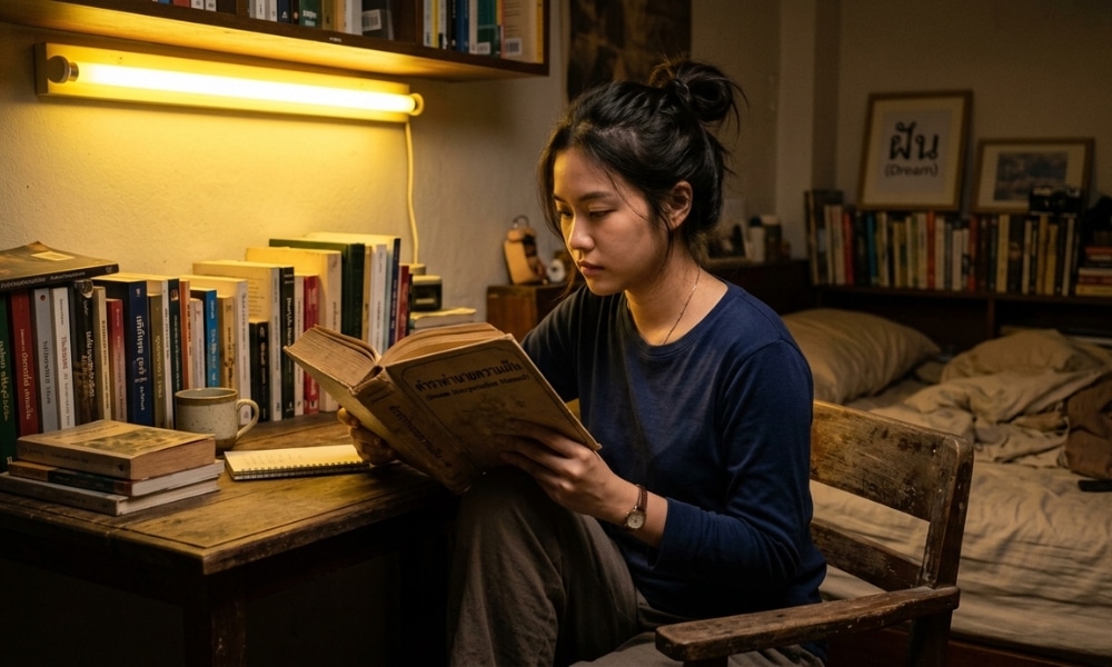 ผู้หญิงคนหนึ่งกำลังอ่านหนังสืออยู่บนโต๊ะไม้ในห้องนอนที่อบอุ่นและสว่างไสวด้วยแสงไฟนุ่มนวล พร้อมฝันเห็นจระเข้ ดีหรือร้าย? เปิดตำราทำนายฝัน พร้อมเลขเด็ดและความหมายที่คุณอาจไม่เคยรู้ ฝันเห็นจระเข้ หลายคนรู้สึกว่าเป็นสิ่งที่น่ากลัว และความลับอะไรซ่อนอยู่!
ชั้นวางหนังสือเต็มไปหมด เธอเพลิดเพลินกับบรรยากาศที่สงบของมวันนวราตรี.