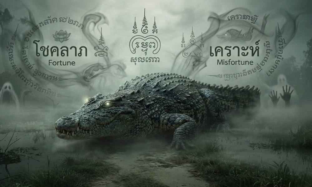 จระเข้ในน้ำที่มีหมอกปกคลุม พร้อมด้วยอักษรไทยและรูปเงาที่เหมือนวิญญาณซึ่งแทนโชคลาภและเคราะห์ร้าย ได้รับแรงบันดาลใจจากฝันเห็นจระเข้ ดีหรือร้าย? เปิดตำราทำนายฝัน พร้อมเลขเด็ดและความหมายที่คุณอาจไม่เคยรู้ ฝันเห็นจระเข้ หลายคนรู้สึกว่าเป็นสิ่งที่น่ากลัว และความลับอะไรซ่อนอยู่!
บรรยากาศลึกลับของ มวันนวราตรี.