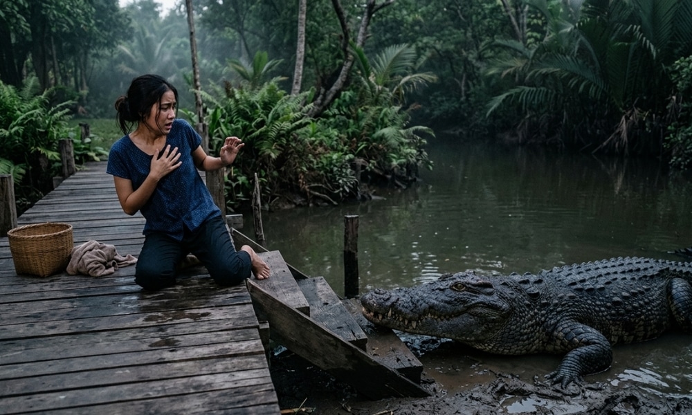 หญิงสาวบนท่าเรือไม้ถอยหนีด้วยความกลัวจากจระเข้ขนาดใหญ่ริมฝั่งน้ำในระหว่างเทศกาลมวันนวราตรีในป่าทึบ.