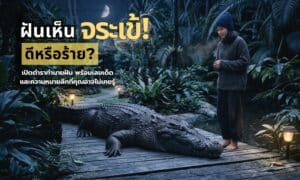 ผู้หญิงคนหนึ่งคุกเข่าอยู่ใกล้จระเข้ตัวใหญ่บนทางเดินไม้ในป่าที่มีแสงจันทร์ส่องสว่าง พร้อมข้อความภาษาไทยที่ทับซ้อนอยู่ซึ่งอ่านว่า "ฝันเห็นจระเข้ ดีหรือร้าย?.