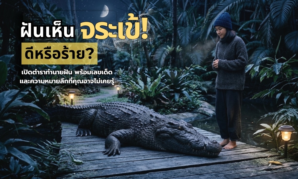 ผู้หญิงคนหนึ่งคุกเข่าอยู่ใกล้จระเข้ตัวใหญ่บนทางเดินไม้ในป่าที่มีแสงจันทร์ส่องสว่าง พร้อมข้อความภาษาไทยที่ทับซ้อนอยู่ซึ่งอ่านว่า "ฝันเห็นจระเข้ ดีหรือร้าย?.