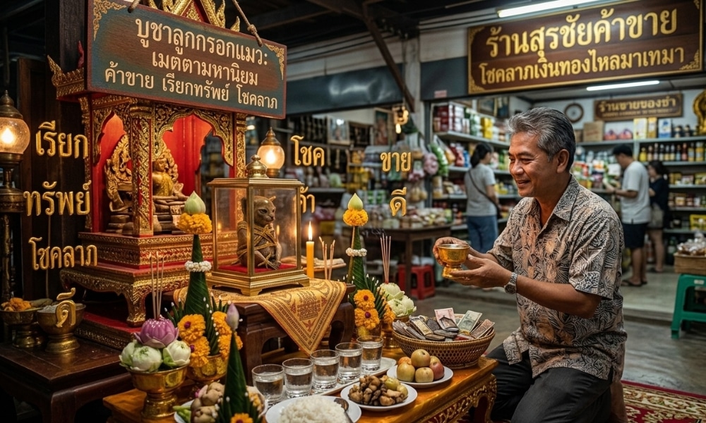 ชายคนหนึ่งกำลังสวดมนต์ที่ศาลเจ้าในตลาดไทย ท่ามกลางเครื่องบูชา ดอกไม้ เครื่องประดับสีทอง และลูกกรอกที่เชื่อว่าจะนำโชคลาภและความคุ้มครองมาให้.