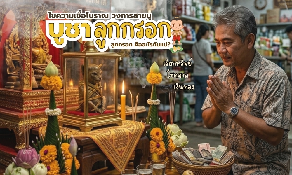 ชายคนหนึ่งกำลังสวดมนต์ที่ศาลเจ้าพร้อมด้วยเครื่องบูชา ดอกไม้ เทียน เงิน และรูปปั้นมัมมี่ขนาดเล็กที่เรียกว่า ลูกกรอก.