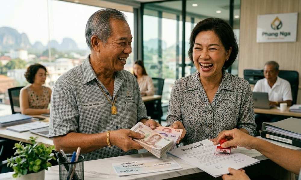 คู่สามีภรรยาสูงวัยที่ยิ้มแย้มได้รับเงินสดและเอกสารที่ระบุว่า "ชำระแล้ว" ที่โต๊ะทำงานในสำนักงาน สะท้อนให้เห็นถึง ดวงเงินพุ่ง มิถุนายน ขณะที่โชคทางการเงินส่องแสงในเดือนนี้.