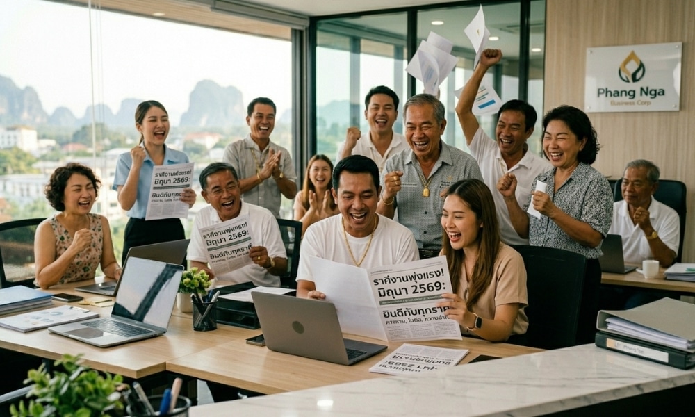 กลุ่มคนในสำนักงานกำลังฉลองร่วมกัน ยิ้มและถือเอกสาร มีแล็ปท็อปวางอยู่บนโต๊ะ—เหมือน ดวงการเงินพุ่ง มิถุนายน ของพวกเขากำลังส่องแสงเจิดจ้า.
