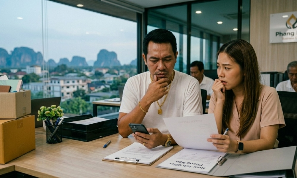 สองคนนั่งอยู่ที่โต๊ะทำงานในสำนักงาน ดูเป็นกังวลขณะอ่านเอกสารและตรวจสอบโทรศัพท์ อาจกำลังคิดว่าดวงการเงินของพวกเขาในเดือนมิถุนายนจะนำข่าวการเงินที่ดีมาให้หรือไม่.