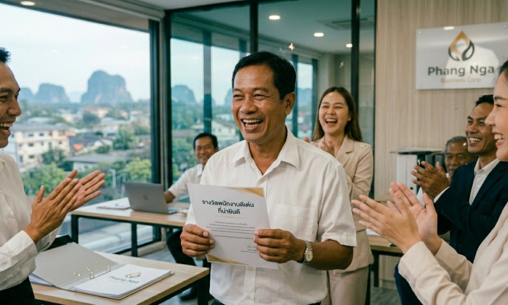 ชายคนหนึ่งยิ้มและถือใบประกาศนียบัตรขณะที่เพื่อนร่วมงานปรบมือให้เขาในบรรยากาศสำนักงานที่สว่างไสว—เฉลิมฉลองความสำเร็จของเขา ราวกับว่าดวงการเงินพุ่ง มิถุนายน ได้มาถึงจริงๆ.