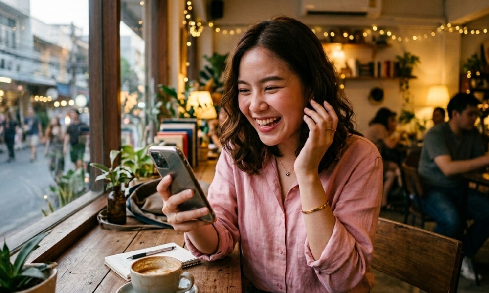 หญิงสาววัยรุ่นยิ้มให้กับโทรศัพท์ของเธอในคาเฟ่ที่แสนสบาย กำลังเพลิดเพลินกับกาแฟและต้นไม้บนโต๊ะใกล้หน้าต่าง ขณะที่เธออ่านข้อความเกี่ยวกับความรักในเดือนมิถุนายน 2026.