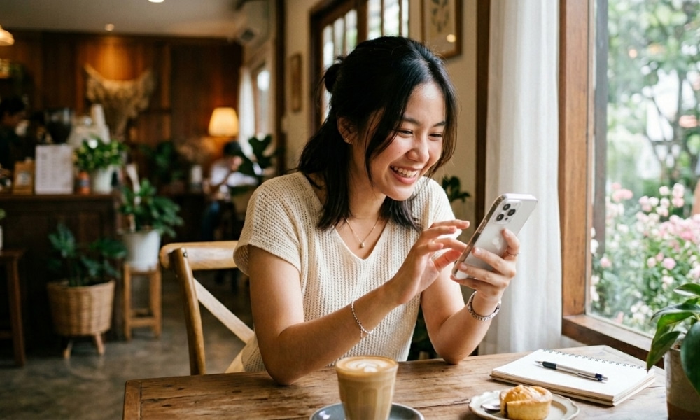 ผู้หญิงยิ้มกำลังใช้โทรศัพท์ที่โต๊ะคาเฟ่ มีกาแฟ ขนมอบ และสมุดโน้ตวางอยู่ข้างหน้าต่าง อาจกำลังส่งข้อความเกี่ยวกับความรักในเดือนมิถุนายน 2026.