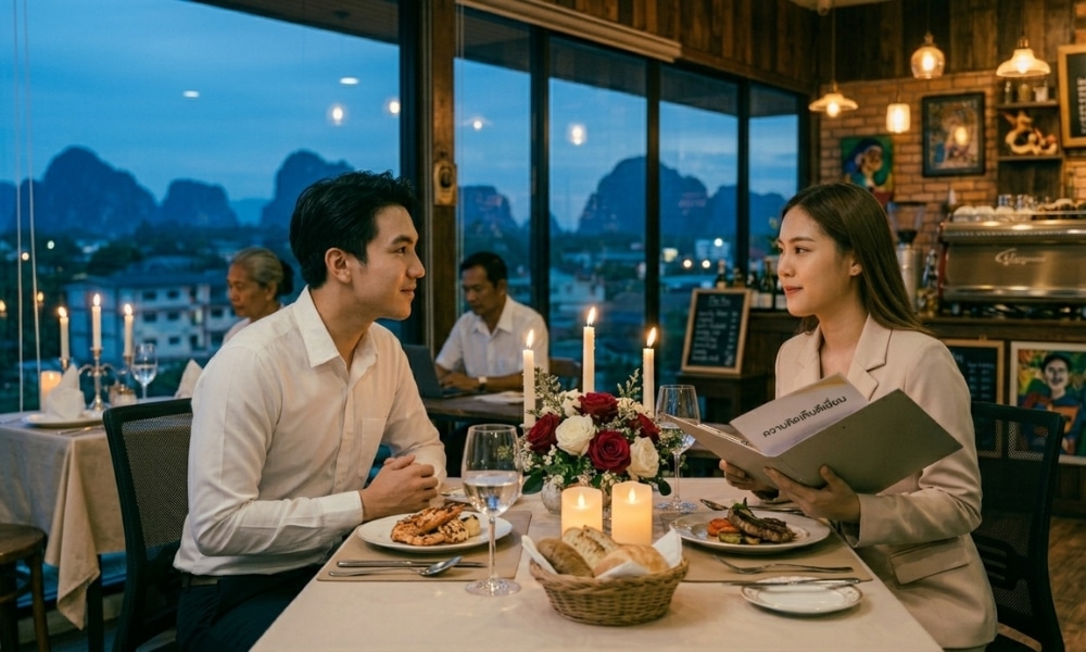 คู่รักนั่งอยู่ที่โต๊ะในร้านอาหารที่มีแสงเทียนส่องสว่าง พร้อมวิวเมืองในฉากหลัง กำลังรับประทานอาหารค่ำร่วมกัน ฉลองความรักในเดือนมิถุนายน 2026.