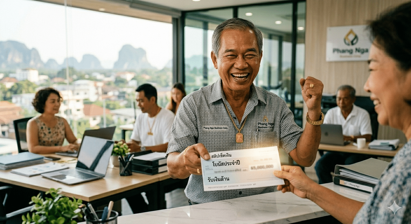 ชายยิ้มในสำนักงานได้รับเช็คขนาดใหญ่จากผู้หญิง ซึ่งสะท้อนถึงดวงเงินพุ่งในเดือนมิถุนายน ขณะที่เพื่อนร่วมงานทำงานอยู่เบื้องหลัง.