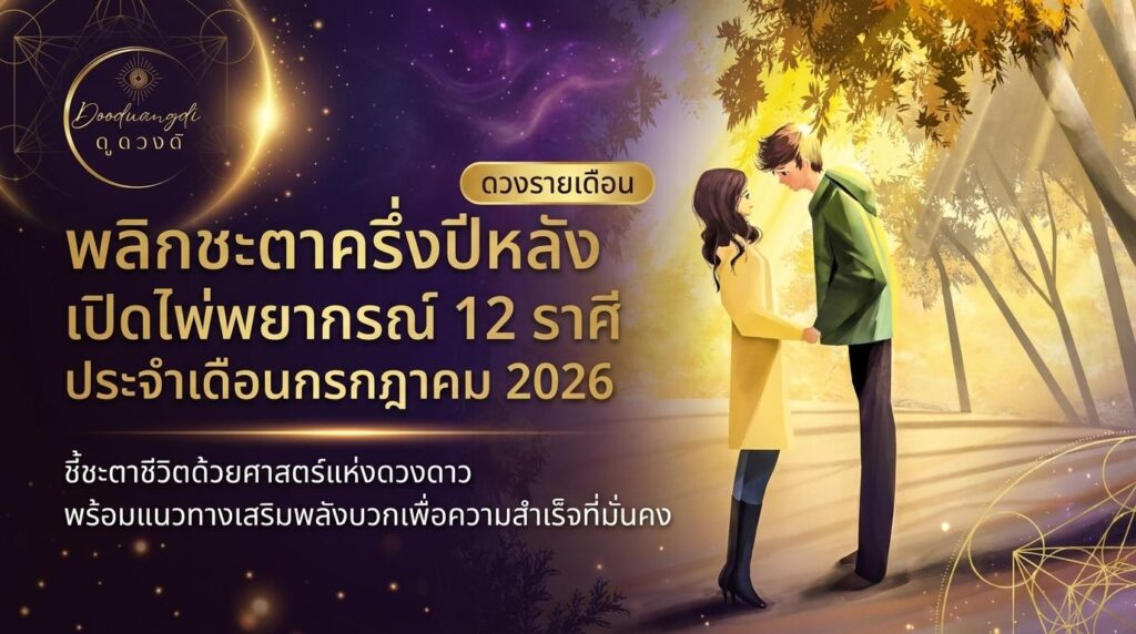 คู่รักยืนใกล้ชิดกันใต้ต้นไม้ที่ส่องแสงสว่าง ใกล้ข้อความที่เขียนว่า: กลางปีแล้วนะหัวใจ เปิดไพ่หัวใจ 12 ราศี กรกฎาคม 2026, แบ่งปันข้อมูลเชิงลึกเกี่ยวกับการทำนายดวงตามหลักโหราศาสตร์สำหรับเดือนกรกฎาคม 2026.