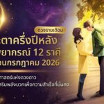 คู่รักยืนใกล้ชิดกันใต้ต้นไม้ที่ส่องแสงสว่าง ใกล้ข้อความที่เขียนว่า: กลางปีแล้วนะหัวใจ เปิดไพ่หัวใจ 12 ราศี กรกฎาคม 2026, แบ่งปันข้อมูลเชิงลึกเกี่ยวกับการทำนายดวงตามหลักโหราศาสตร์สำหรับเดือนกรกฎาคม 2026.