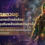 นักรบผู้สง่างาม ดุจเทพเจ้า กวนอู สวมเกราะสีเขียวอันวิจิตร ยืนอยู่ข้างข้อความภาษาไทยที่โดดเด่น บนพื้นหลังอันลึกลับเรืองแสง.