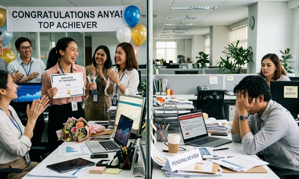 ผู้หญิงคนหนึ่งกำลังฉลองการได้รับรางวัล "พนักงานดีเด่นประจำเดือน" ขณะที่ผู้ชายคนหนึ่งดูเครียดที่โต๊ะทำงานซึ่งมีป้ายเขียนว่า "อยู่ระหว่างการพิจารณา" สะท้อนให้เห็นถึงขึ้นลงของดวงการงาน 12 ราศี ประจำเดือนกรกฎาคม 2026.