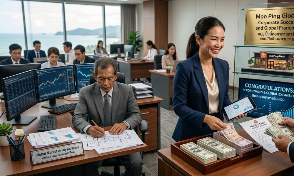 ทีมธุรกิจในสำนักงานสมัยใหม่พร้อมแผนภูมิติดตาม เงินเข้า เงินออก เงินสด และเอกสาร ฉลองความสำเร็จขององค์กรและวิเคราะห์แนวโน้ม 12 ราศี กรกฎาคม 2026 จะเป็นอย่างไร?.