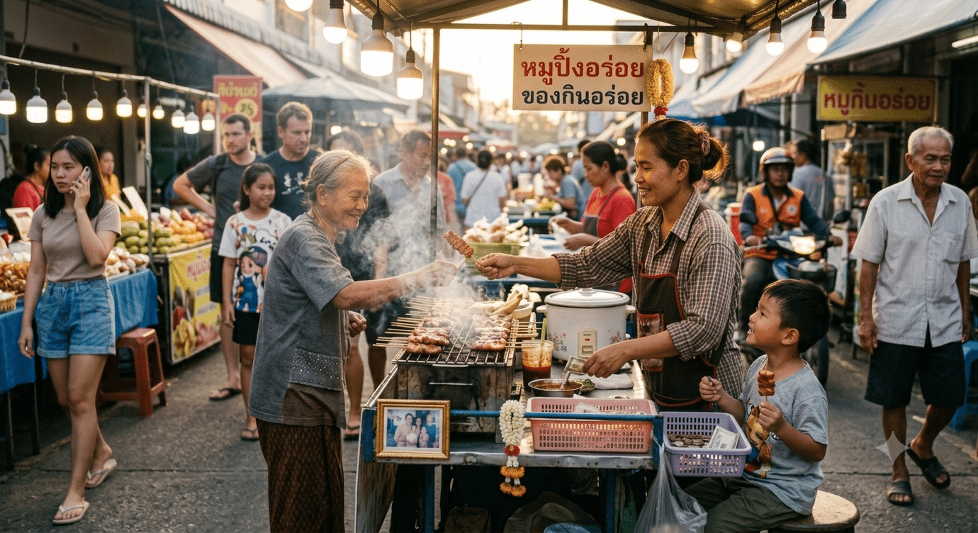 ตลาดกลางแจ้งที่คึกคักไปด้วยผู้คนกำลังซื้ออาหารย่างจากพ่อค้าแม่ค้าข้างทาง ควันลอยขึ้นจากเตาย่าง ท่ามกลางเสียงพูดคุยอย่างคึกคักเกี่ยวกับเงินเข้า เงินออก และการทำนายดวงชะตาของ 12 ราศี กรกฎาคม 2026 จะเป็นอย่างไร?.