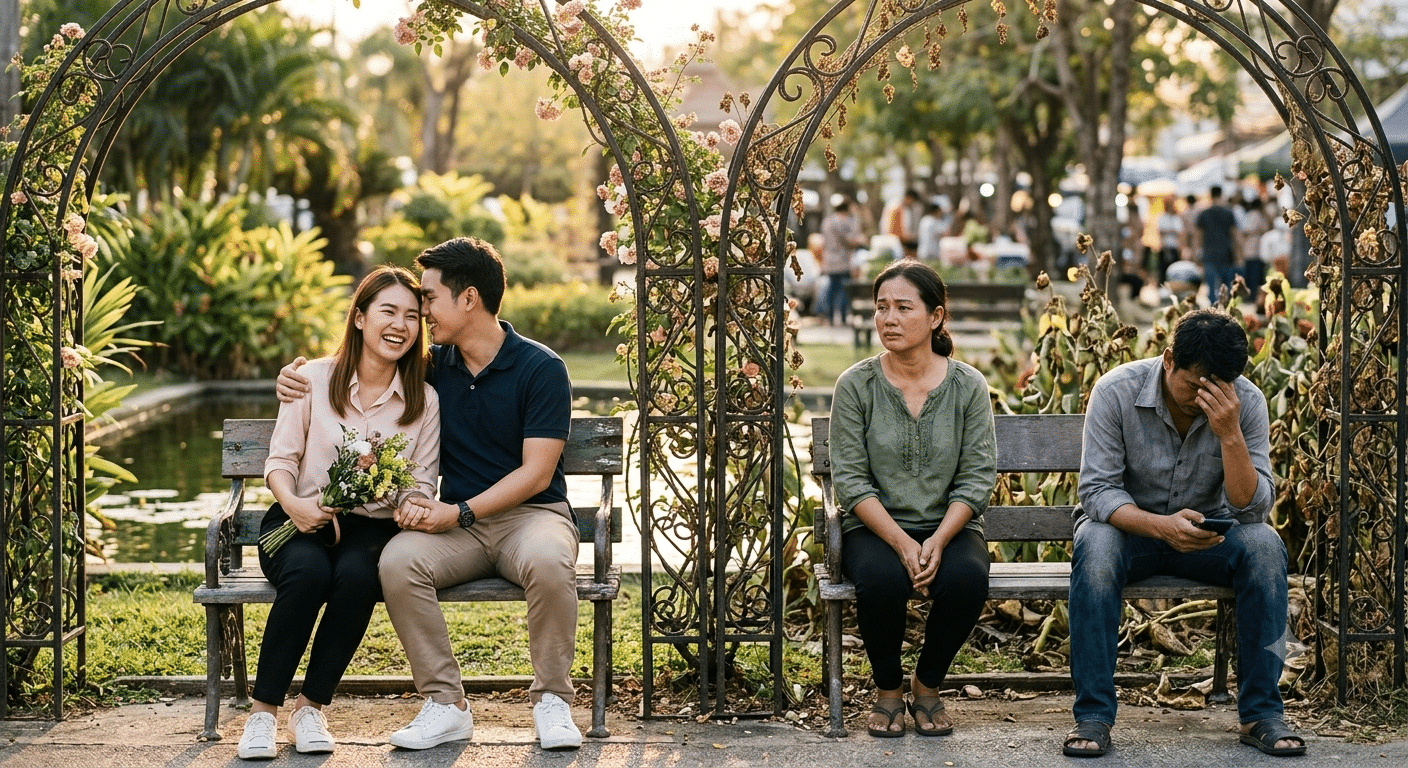 คู่รักที่มีความสุขนั่งอยู่ด้วยกันบนม้านั่ง ขณะที่อีกสองคนดูเศร้าและห่างเหินบนม้านั่งใกล้ๆ ในสวนสาธารณะ—กลางปีแล้วนะหัวใจ, ถึงเวลาเปิดใจของคุณเมื่อ เปิดไพ่หัวใจ 12 ราศี กรกฎาคม 2026 กำลังใกล้เข้ามา.